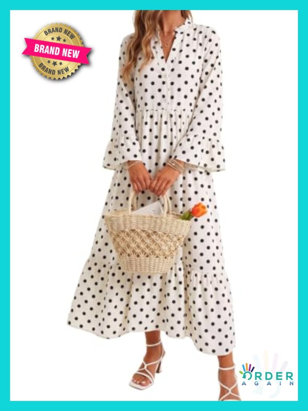 Polka Dot Henley V Neck Long Dress Ruffle Sleeve Tiered Boho Maxi